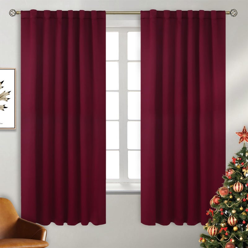BGment Rod Pocket and Back Tab Blackout Curtains for Bedroom - Christmas Curtains Thermal Insulated Room Darkening Drapes for Living Room, 2 Window Curtain Panels (52 x 63 Inch, Burgundy Red) - Image 1